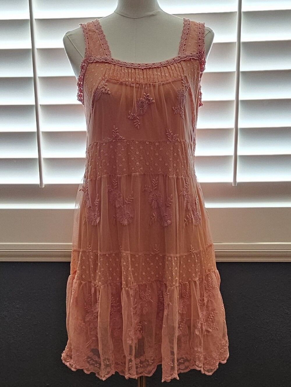VINTAGE-STYLE PEACH/SHERBERT EMBROIDERED TULLE SLIP DRESS